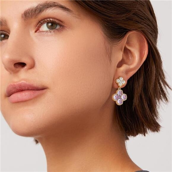 June Birthstone Alexandrite Clover Earrings | 14K Gold Plated Dangle Studs - Picture 2 of 5